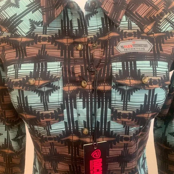 Women's Turquoise with Black and Chocolate Aztec Print Long Sleeve Western Shirt - Picture 3 of 8